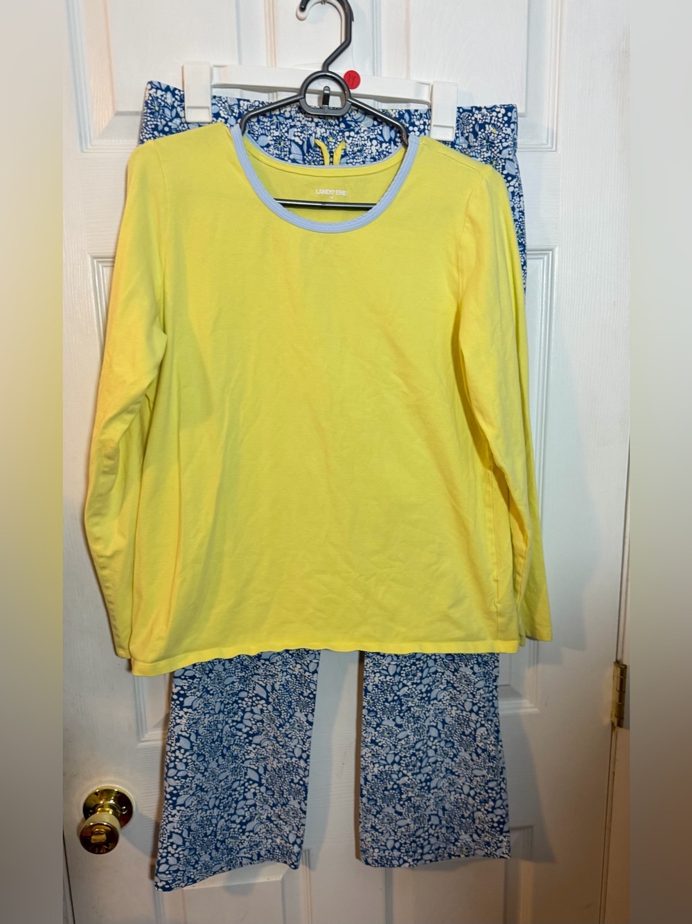 Lands' End Yellow Long-Sleeve Crewneck Top with Light Blue Trim